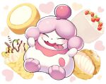  blush closed_eyes commentary_request fangs food fruit full_body gen_6_pokemon heart iroyopon no_humans open_mouth pokemon pokemon_(creature) slurpuff smile strawberry toes tongue tongue_out 