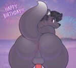  2018 anthro backsack balls big_butt black_hair black_nose bubble_butt butt butt_focus canid canine digital_drawing_(artwork) digital_media_(artwork) dipstick_tail english_text fireworks fox fur genitals girly grey_body hair huge_butt huge_thighs hyper hyper_thighs inner_ear_fluff looking_at_viewer looking_back male mammal monotone_body multicolored_tail outside penis phurcy pkaocko presenting presenting_hindquarters purple_eyes red_penis shaded solo text thick_thighs tuft wide_hips 