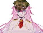  1girl bangs belial_(megido72) blue_eyes breasts buttons camouflage camouflage_headwear hair_between_eyes hat large_breasts megido72 mini_necktie pink_hair puchipuchi red_neckwear solo uniform upper_body white_background 