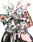  2girls ahoge alternate_costume animal_ears belt blue_eyes bracelet breasts bunny_ears cleavage cleavage_cutout clothing_cutout collar dual_persona duplicate elphelt_valentine fake_animal_ears guilty_gear guilty_gear_xrd gun hair_between_eyes handgun holding holding_weapon jewelry large_breasts looking_at_viewer medium_hair monochrome multiple_girls nayutarou_(nyt_kag) open_mouth pistol rifle shotgun smile spiked_bracelet spiked_collar spikes weapon white_background 