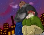  2013 5:4 anthro black_nose bottomwear brown_body brown_fur city clothing duo eating food fur hoodie human humanoid_hands kemono male mammal outside overweight overweight_anthro overweight_human overweight_male pants sitting sugekuma topwear ursid 