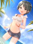  1girl absurdres bikini black_eyes black_hair black_shorts blue_sky cloud commentary_request day dutch_angle highres kantai_collection looking_at_viewer mismatched_bikini mogami_(kantai_collection) ocean open_mouth outdoors short_hair shorts sky soaking_feet solo standing suzushiro_(gripen39) swimsuit 