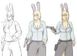  2008 anthro big_breasts biped blonde_hair blue_clothing blue_eyes blue_shirt blue_topwear bottomwear breasts brown_nose cleavage clothed clothing directional_arrow dress_shirt female frank_westerveldt fur grey_bottomwear grey_clothing grey_pants gun hair holding_gun holding_object holding_weapon holster kangaroo macropod mammal marsupial pants ranged_weapon ritts shirt simple_background sketch solo topwear weapon white_background yellow_body yellow_fur 