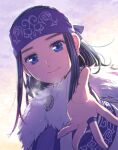  1girl ainu ainu_clothes asirpa bandana blue_bandana blue_eyes cape closed_mouth commentary_request dark_blue_hair day ear_piercing earrings fur_cape golden_kamuy highres hoop_earrings jewelry lips long_hair long_sleeves looking_at_viewer outdoors piercing ring sidelocks sky smile solo tetsuko_gk upper_body white_cape wide_sleeves 