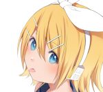  1girl bangs bare_shoulders blonde_hair blue_eyes bow collar grey_collar hair_bow hair_ornament hairclip headphones hmniao kagamine_rin looking_at_viewer portrait sailor_collar short_hair solo swept_bangs tongue tongue_out vocaloid white_background white_bow 