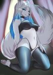  anthro arctic_fox blue_eyes bra canid canine claws clothing collar female fluffy fluffy_tail fox fur hand_behind_back hand_on_leg hand_on_thigh highlights_(coloring) inner_ear_fluff jazzmine_nevermore kneeling legwear looking_at_viewer mammal nipple_outline panties smile solo tuft underwear zetsuboucchi 