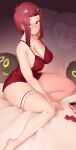  1girl absurdres bare_legs barefoot blurry blurry_background blush breasts brown_eyes cleavage_cutout closed_mouth clothing_cutout collarbone commentary_request condom_wrapper eyebrows_visible_through_hair eyes_visible_through_hair hair_ornament halterneck heart heart_pillow highres indoors izayoi_aki kuriboh large_breasts lingerie looking_at_viewer moebell negligee on_bed pillow red_hair short_hair_with_long_locks sidelocks sitting solo thigh_strap underwear yes yu-gi-oh! yu-gi-oh!_5d&#039;s 