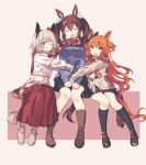  3girls :d ^_^ animal_ears bangs beige_coat black_legwear black_skirt boots bow brown_footwear brown_hair brown_skirt closed_eyes closed_mouth coat curren_chan_(umamusume) full_body gocoli hair_bow highres hishi_akebono_(umamusume) horse_ears horse_girl horse_tail hug kneehighs loafers long_hair long_skirt long_sleeves looking_at_viewer mayano_top_gun_(umamusume) multiple_girls one_eye_closed orange_eyes orange_hair plaid plaid_skirt pleated_skirt purple_coat purple_eyes red_bow red_scarf red_skirt scarf shared_scarf shoes short_hair sidelocks sitting skirt smile sweater tail twintails umamusume white_footwear white_legwear white_sweater 