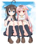  2girls :o ahoge arm_on_knee arm_up bangs black_hair black_legwear black_ribbon blue_eyes blush closed_mouth eyebrows_visible_through_hair hair_ornament kamu_(geeenius) kantai_collection kneehighs long_hair looking_at_viewer multiple_girls open_mouth pink_hair red_eyes ribbon shigure_(kantai_collection) sidelocks simple_background skirt smile thighs yuudachi_(kantai_collection) 