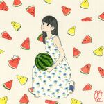  1girl awai880 bangs black_eyes black_hair blue_flower blunt_bangs blush bright_pupils commentary dress floral_print flower food fruit holding holding_food holding_fruit long_hair original print_dress signature solo tan_background watermelon watermelon_slice white_dress white_pupils 