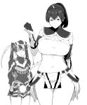  2girls absurdres breasts character_request highres kantai_collection kirin_(armor) large_breasts lightning_crotch medium_hair monochrome monster_hunter multiple_girls navel ryuujou_(kantai_collection) short_hair takaman_(gaffe) twintails 
