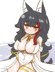 1girl alternate_costume animal_ear_fluff animal_ears azur_lane bangs black_hair blush breasts brown_eyes cosplay covered_navel dress eyebrows_visible_through_hair hololive large_breasts looking_down massachusetts_(azur_lane) massachusetts_(azur_lane)_(cosplay) massachusetts_(dressed_to_impress)_(azur_lane) multicolored_hair nekoyama ookami_mio red_hair solo streaked_hair thigh_strap virtual_youtuber white_dress wolf_ears wolf_girl 