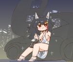  1girl animal_ear_fluff animal_ears bag black_hair blush breasts brown_eyes car chibi city cleavage cosplay ground_vehicle handbag hololive large_breasts looking_to_the_side motor_vehicle nekoyama ookami_mio open_door plunging_neckline silver_dress sitting solo st._louis_(azur_lane) st._louis_(azur_lane)_(cosplay) st._louis_(luxurious_wheels)_(azur_lane) sweat virtual_youtuber wolf_ears wolf_girl 