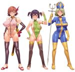  3girls armlet bare_shoulders black_legwear blue_scarf blush bodysuit breasts breath bridal_gauntlets bright_pupils brown_hair cameltoe character_profile closed_mouth collar covered_navel covered_nipples detached_pants dragon_quest earrings elbow_gloves eyebrows_visible_through_hair fang gloves green_eyes green_hair green_leotard hair_between_eyes hair_ornament hand_on_hip hat impossible_clothes jewelry large_breasts leotard mizuryuu_kei multiple_girls navel no_shoes nose_blush original purple_eyes purple_hair red_gloves red_hair revealing_clothes sandals scarf short_hair simple_background skin_tight smile staff standing stirrup_legwear sweat sweatdrop thighhighs toeless_legwear toes twintails white_background yellow_gloves 