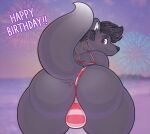  2018 anthro backsack balls big_butt bikini black_hair black_nose bubble_butt butt butt_focus canid canine clothed clothing crossdressing digital_drawing_(artwork) digital_media_(artwork) dipstick_tail english_text fireworks fox fur genitals girly grey_body hair huge_butt huge_thighs hyper hyper_thighs inner_ear_fluff looking_at_viewer looking_back male mammal monotone_body multicolored_tail outside phurcy pkaocko presenting presenting_hindquarters purple_eyes shaded solo swimwear text thick_thighs tuft wide_hips 