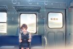  1girl backpack backpack_removed bag bangs brown_hair closed_eyes daito hair_over_one_eye original pleated_skirt school_uniform shirt short_hair side_ponytail sitting skirt sleeping solo sweater_vest train_interior white_shirt 