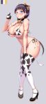  1girl :o absurdres animal_ears animal_print bangs bare_shoulders bell bell_collar bikini black_gloves black_hair blue_eyes blunt_bangs blush bottle breasts brown_hair cleavage collar collarbone commentary_request covered_nipples cow_ears cow_girl cow_horns cow_print cow_tail cowbell elbow_gloves fake_animal_ears fake_horns fake_tail from_side full_body gloves hair_ornament hairclip hand_on_own_thigh high_heels highres horns huge_breasts kawase_seiki kirigaya_suguha knees_together_feet_apart leaning_forward looking_at_viewer milk_bottle navel open_mouth print_legwear shoes short_hair side-tie_bikini simple_background skindentation solo swimsuit sword_art_online tail thighhighs white_background 