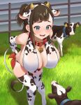  1girl 2others :d animal animal_ears animal_print bangs bell bell_collar bent_over blue_eyes blush breasts brown_hair chinese_zodiac cleavage collar commentary_request cow_ears cow_girl cow_horns cow_print cow_tail cowbell ear_tag elbow_gloves eyebrows_visible_through_hair fang gloves grass hair_ornament hairclip highres horns huge_breasts long_hair looking_at_viewer multiple_others open_mouth original outdoors skindentation smile sweat tail wotori year_of_the_ox 