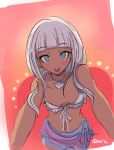  1girl artist_name bangs bare_arms bare_shoulders bikini blue_eyes blunt_bangs blush breasts commentary cropped_legs danganronpa_(series) danganronpa_v3:_killing_harmony dark_skin eyebrows_visible_through_hair highres jewelry long_hair looking_at_viewer navel necklace open_mouth qosic red_background shell_necklace sketch skirt smile solo swimsuit upper_teeth white_background white_bikini yonaga_angie 