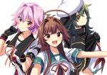  3girls :d ahoge aqua_sailor_collar black_gloves brown_eyes brown_hair fang gloves green_eyes green_hair hat highres huge_ahoge kantai_collection kiso_(kantai_collection) kuma_(kantai_collection) long_hair mizuki_eiru_(akagi_kurage) multiple_girls open_mouth pink_hair remodel_(kantai_collection) sailor_collar sailor_hat school_uniform serafuku short_hair short_sleeves smile tama_(kantai_collection) upper_body white_headwear 