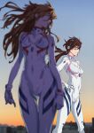  2girls arms_at_sides bangs blue_eyes blurry bodysuit breasts brown_hair covered_navel depth_of_field evangelion:_3.0+1.0_thrice_upon_a_time floating_hair glasses gloves hands_on_hips headgear highres interface_headset kiyohisa long_hair looking_to_the_side makinami_mari_illustrious multiple_girls neon_genesis_evangelion open_mouth outdoors plugsuit rebuild_of_evangelion shikinami_asuka_langley skin_tight souryuu_asuka_langley standing white_bodysuit wind 