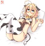  1girl alternate_costume animal_ears animal_print artist_logo bikini blonde_hair blue_eyes breasts commentary_request cow_ears cow_horns cow_print cow_tail dated fake_animal_ears fake_horns glasses highres horns i-8_(kantai_collection) kanon_(kurogane_knights) kantai_collection large_breasts looking_at_viewer low_twintails lying pillow red-framed_eyewear semi-rimless_eyewear side-tie_bikini simple_background smile solo swimsuit tail thighhighs twintails under-rim_eyewear white_background white_bikini white_legwear 