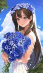  1girl absurdres bangs bare_shoulders blue_flower blue_rose blue_sky bouquet brown_hair cloud commentary_request day dress earrings eyebrows_visible_through_hair flower green_eyes hair_ornament highres holding holding_bouquet idolmaster idolmaster_cinderella_girls jewelry light_rays looking_at_viewer moon_(yfsp7823) outdoors parted_lips petals pleated_dress rose shibuya_rin sky sleeveless sleeveless_dress smile solo stud_earrings sunbeam sunlight upper_body white_dress 