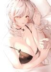  1girl alternate_hairstyle amagimei azur_lane black_bra black_choker bra breasts choker cleavage cross_choker eyebrows_visible_through_hair hair_over_one_eye highres jewelry large_breasts long_hair multicolored_hair on_bed one_eye_closed orange_eyes pillow prinz_eugen_(azur_lane) red_hair ring streaked_hair two-tone_hair underwear upper_body wedding_ring white_hair 