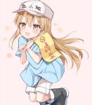  1girl arms_up bangs blush brown_eyes brown_hair child eyebrows_visible_through_hair flag hat hataraku_saibou holding jumping kamu_(geeenius) long_hair looking_at_viewer open_mouth platelet_(hataraku_saibou) simple_background solo star_(symbol) 