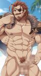  1boy abs alternate_costume armpit_hair bara bare_pecs beach beard body_hair bottomless brown_eyes brown_hair censored cowboy_shot day erection eugen_(granblue_fantasy) eyepatch facial_hair granblue_fantasy jacket jacket_on_shoulders male_focus male_pubic_hair mosaic_censoring muscular muscular_male mustache navel nipples outdoors pectorals penis pubic_hair reward_available short_hair sollyz solo stomach sunlight thick_thighs thighs upper_body 