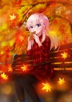  1girl absurdres ahoge autumn autumn_leaves bangs belt bench black_legwear blue_eyes brown_belt collared_dress croissant dress eating elaina_(majo_no_tabitabi) eyebrows_visible_through_hair food hair_between_eyes highres leaf long_hair long_sleeves majo_no_tabitabi maple_leaf pantyhose plaid plaid_dress red_dress shiny shiny_hair short_dress silver_hair sitting solo solsiele wing_collar 