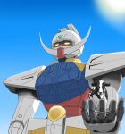  animal aron_e chinese_zodiac cow from_below glowing glowing_eyes gundam highres holding holding_animal mecha no_humans sky solo_focus sun turn_a_gundam turn_a_gundam_(mobile_suit) upper_body year_of_the_ox yellow_eyes 