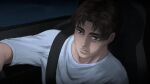  1boy absurdres brown_eyes brown_hair driving fujiwara_takumi hair_behind_ear highres initial_d laing looking_ahead seatbelt shirt sitting solo t-shirt vehicle_interior white_shirt 