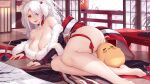  1girl :d ahoge alexiel_(pixiv6211566) ass azur_lane bangs bare_shoulders barefoot black_kimono black_sleeves breasts bridal_gauntlets cleavage closed_eyes curvy fur-trimmed_kimono fur-trimmed_sleeves fur_trim hair_ribbon highres indoors japanese_clothes kimono large_breasts lying manjuu_(azur_lane) mole mole_under_eye multicolored multicolored_clothes multicolored_kimono off-shoulder_kimono official_alternate_costume on_side open_mouth prinz_heinrich_(azur_lane) prinz_heinrich_(fireworks_and_tapestries)_(azur_lane) red_eyes ribbon shouji sliding_doors smile table thick_thighs thigh_strap thighs white_hair winter wooden_floor 