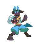  2015 3_fingers 3_toes absurd_res ambiguous_gender anthro feet fighting_pose fingers hi_res lucario nintendo pawpads pok&eacute;mon pok&eacute;mon_(species) pose red_eyes salanchu signature simple_background solo toes tuft video_games 