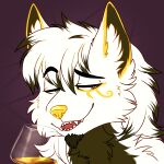  1:1 alcohol anthro beverage canid canine canis digital_media_(artwork) fur glass goldomond hair hi_res liquid looking_at_viewer male mammal markings open_mouth simple_background smile smug teeth tigerinspace wolf 