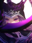  1girl blurry_foreground chain fate/grand_order fate_(series) floating_hair highres hood hood_up long_hair looking_at_viewer medusa_(lancer)_(fate) purple_eyes purple_hair solo upper_body yuurei447 