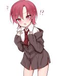  1girl :o arms_up bangs bazett_fraga_mcremitz blush bottomless eyebrows_visible_through_hair fate/kaleid_liner_prisma_illya fate_(series) flat_chest highres kamu_(geeenius) long_sleeves necktie open_mouth red_eyes red_hair short_hair sidelocks simple_background solo 