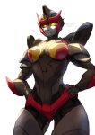 1girl absurdres breasts decepticon flamewar hands_on_hips highres looking_down mecha no_humans oberon826 small_breasts smile solo transformers twitter_username yellow_eyes 
