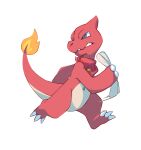  2017 absurd_res ambiguous_gender blue_eyes charmeleon fire hi_res holding_object looking_back motion_lines nintendo paper pok&eacute;mon pok&eacute;mon_(species) red_body running salanchu scarf signature simple_background solo teeth video_games 