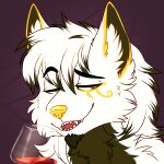  1:1 alcohol anthro beverage canid canine canis digital_media_(artwork) fur glass goldomond hair hi_res liquid looking_at_viewer male mammal markings open_mouth simple_background smile smug teeth tigerinspace wolf 
