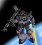  absurdres aron_e bazooka_(gundam) beam_saber dom floating glowing glowing_eye gun gundam highres holding holding_gun holding_sword holding_weapon looking_to_the_side mecha mobile_suit_gundam no_humans one-eyed purple_eyes science_fiction solo space sword weapon zeon 