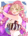  1girl :d akashiya_honma bikini black_nails border bracelet braid breasts cleavage earrings floating_hair gradient_hair green_eyes green_hair heart heart_earrings innertube jewelry kanroji_mitsuri kimetsu_no_yaiba long_hair medium_breasts multicolored multicolored_hair multicolored_nails nail_polish navel open_mouth outside_border pink_hair pink_nails shiny shiny_hair signature smile solo striped striped_nails swimsuit twin_braids upper_body vertical-striped_bikini vertical_stripes very_long_hair white_border 