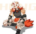  1boy ahonobo animal_ears arknights bangs bare_shoulders black_shirt brown_fur detached_sleeves dog_boy dog_ears dog_tail foot_out_of_frame furry horns hung_(arknights) looking_at_viewer male_focus medium_hair multicolored_hair muscular muscular_male orange_eyes orange_hair pectorals shirt simple_background single_horn sleeveless sleeveless_shirt smile streaked_hair tail two-tone_fur white_background white_fur white_hair yellow_eyes 