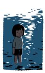  1girl arms_at_sides backlighting bangs black_hair black_shorts blending border child closed_mouth dot_nose expressionless from_side hirasawa_minami looking_at_viewer original outdoors refraction shirt short_hair short_sleeves shorts solo standing wading water white_border 