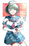  1girl ahoge bangs blue_skirt blush breasts brown_hair commentary_request contrapposto cowboy_shot danganronpa_(series) danganronpa_another_episode:_ultra_despair_girls dated fingers_together green_eyes grin half-closed_eyes happy_birthday kiri_(2htkz) large_breasts looking_at_viewer naegi_komaru neckerchief own_hands_together pleated_skirt red_neckwear school_uniform serafuku shiny shiny_hair shirt short_hair short_sleeves skirt smile solo white_background white_shirt 