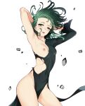  1girl armpits arms_up black_dress blush breasts covered_navel dress floating floating_hair green_eyes green_hair hair_raising highres licking_lips medium_breasts medium_hair nipples no_bra one-punch_man rock solo sweat tatsumaki taut_clothes thighs tongue tongue_out torn_clothes torn_dress xter xtermination 