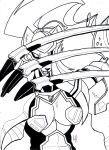  2009 abs anthro armor athletic athletic_anthro athletic_female big_claws breasts bust_portrait canid canine claws digital_drawing_(artwork) digital_media_(artwork) female fur hair machine mammal monochrome open_mouth ponytail portrait robot sharp_teeth solo super_robot_wars teeth tohofuhai victora 