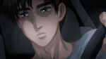  1boy absurdres brown_eyes brown_hair close-up driving expressionless fujiwara_takumi hair_behind_ear highres initial_d laing looking_to_the_side male_focus solo steering_wheel vehicle_interior 