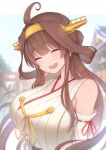  1girl ahoge blurry breasts brown_hair closed_eyes depth_of_field detached_sleeves double_bun hairband headgear highres japanese_clothes kantai_collection kongou_(kantai_collection) large_breasts long_hair open_mouth otonari ribbon-trimmed_sleeves ribbon_trim smile solo upper_body upper_teeth 